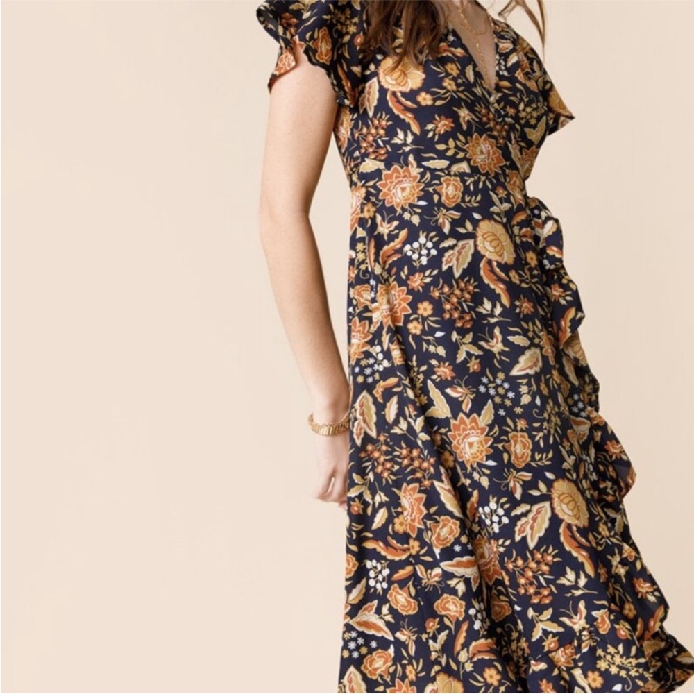 Floral Navy and Gold Wrap Dress